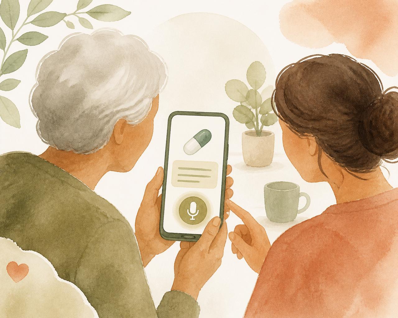 Una persona anziana e una più giovane guardano insieme un promemoria di un farmaco sullo schermo di uno smartphone, con un grande pulsante vocale.